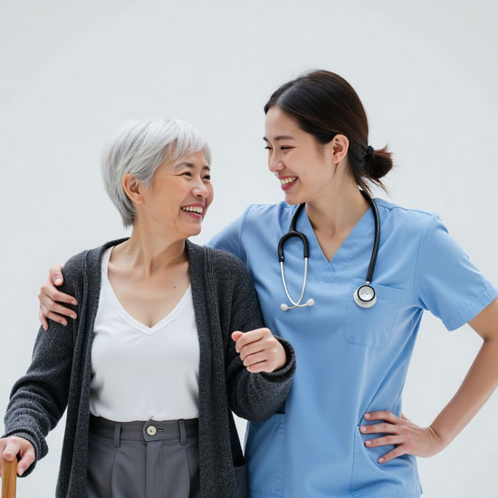 bác sĩ và cụ bà ở trung tâm dưỡng lão an bình